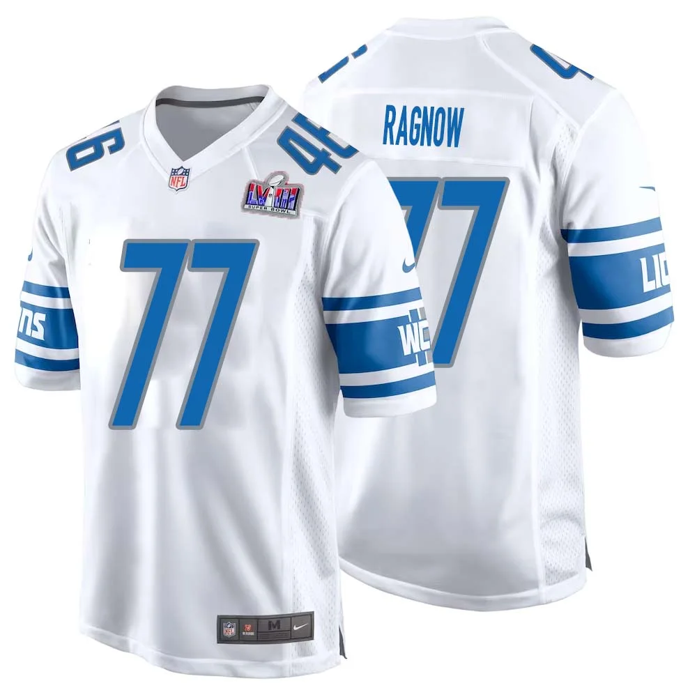 Frank Ragnow No 77 Mens Custom White Detroit Lions Super Bowl LVIII Away Game Jersey