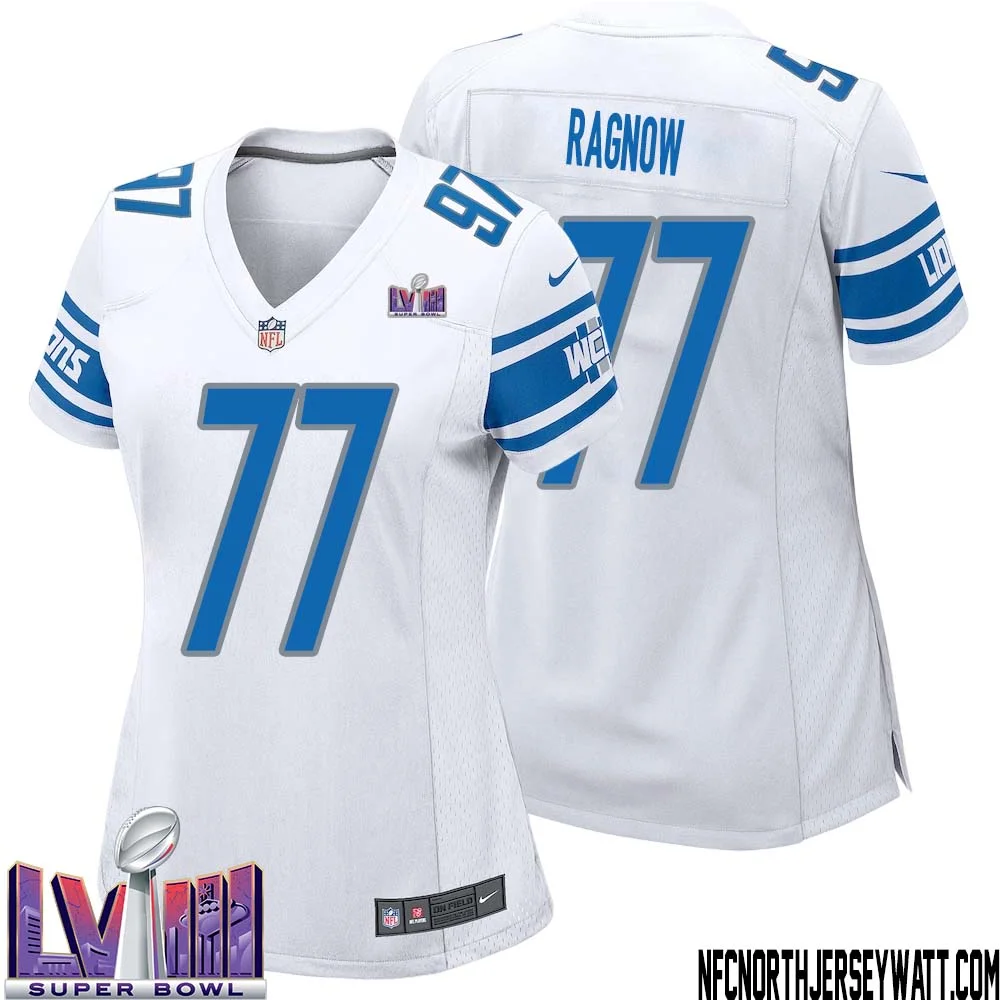 Frank Ragnow No 77 Women White Detroit Lions Player Super Bowl LVIII Away Game Jersey 1