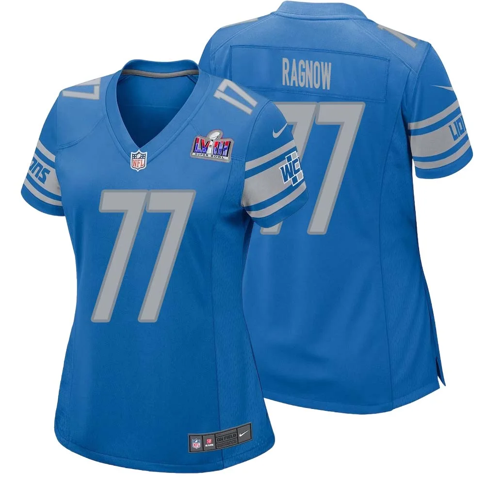 Frank Ragnow No 77 Womens Custom Blue Detroit Lions Super Bowl LVIII Player Home Game Jersey
