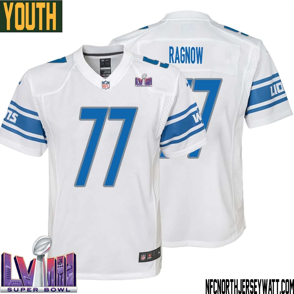 Frank Ragnow No 77 Youth White Detroit Lions Player Super Bowl LVIII Away Game Jersey