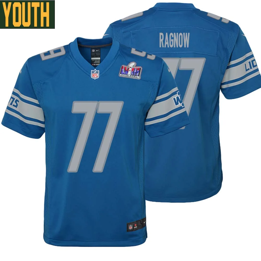 Frank Ragnow No 77 Youths Custom Blue Detroit Lions Super Bowl LVIII Player Home Game Jersey
