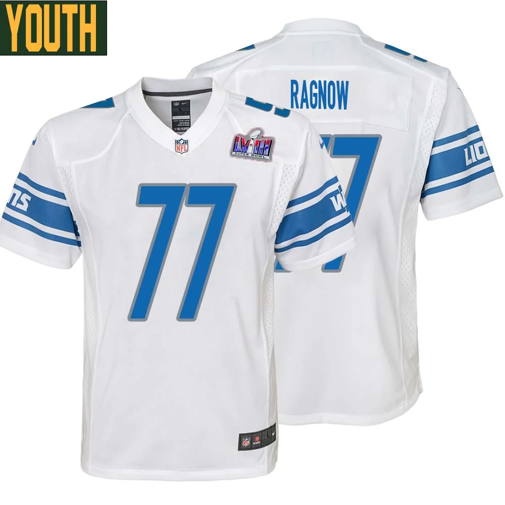 Frank Ragnow No 77 Youths Custom White Detroit Lions Super Bowl LVIII Away Game Jersey