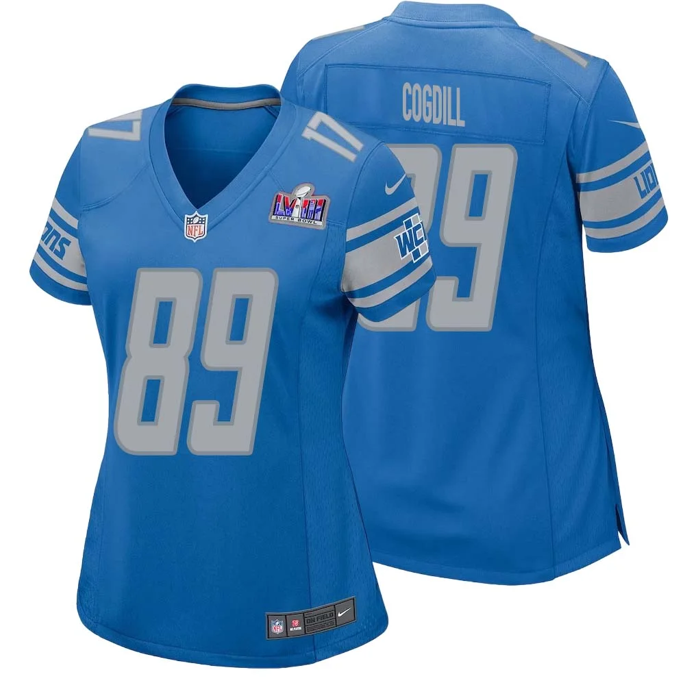 Gail Cogdill No 89 Womens Custom Blue Detroit Lions Super Bowl LVIII Player Home Game Jersey