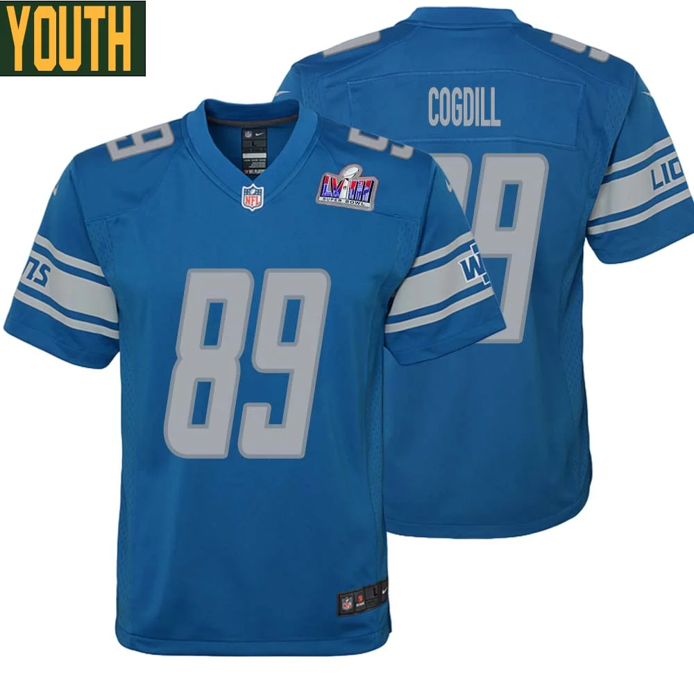Gail Cogdill No 89 Youths Custom Blue Detroit Lions Super Bowl LVIII Player Home Game Jersey