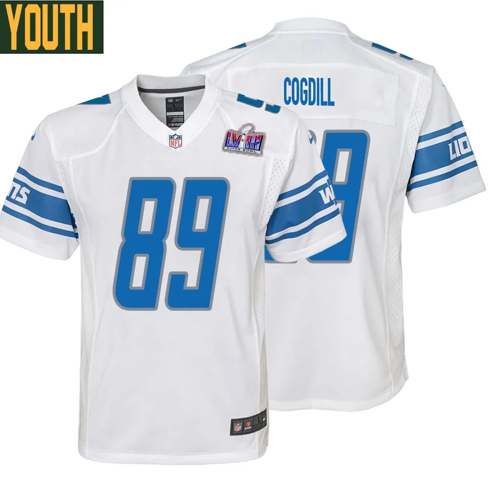 Gail Cogdill No 89 Youths Custom White Detroit Lions Super Bowl LVIII Away Game Jersey