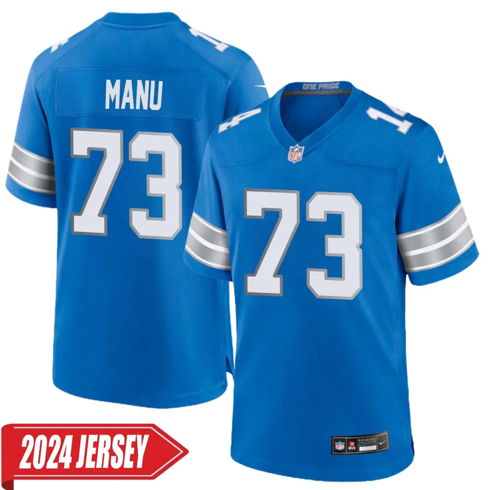 Giovanni Manu No 73 Men s Detroit Lions Home Game 2024 Jersey Blue