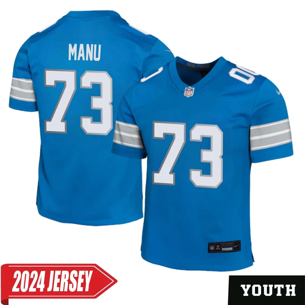 Giovanni Manu No 73 Youth s Detroit Lions Home Game 2024 Jersey Blue