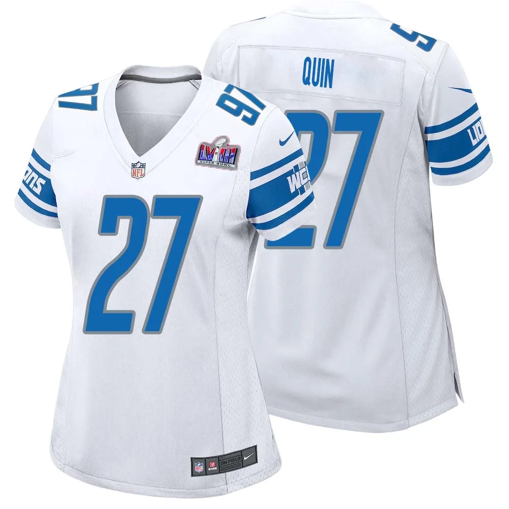 Glover Quin No 27 Womens Custom White Detroit Lions Super Bowl LVIII Away Game Jersey