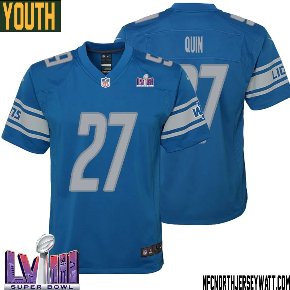 Glover Quin No 27 Youth Blue Detroit Lions Player Super Bowl LVIII Home Game Jersey 1