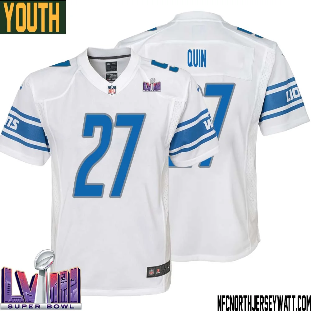 Glover Quin No 27 Youth White Detroit Lions Player Super Bowl LVIII Away Game Jersey 1