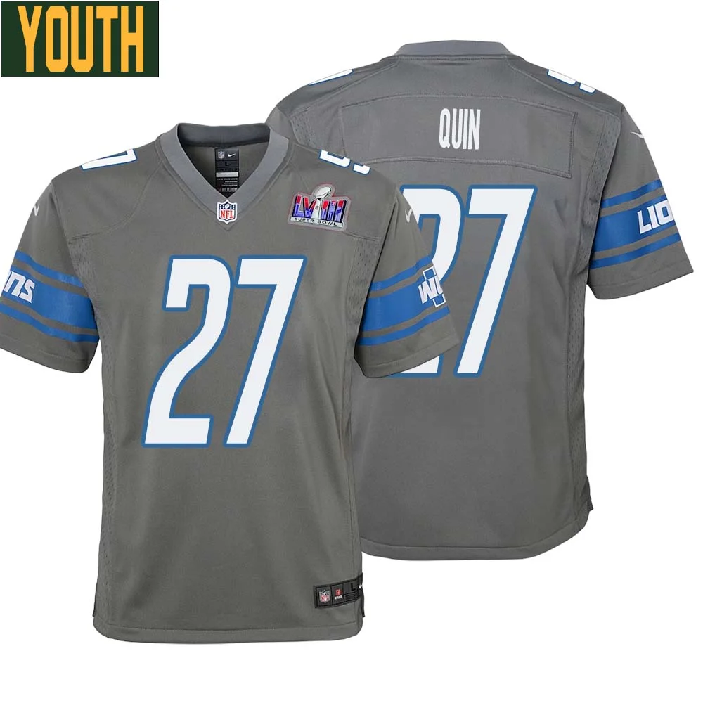 Glover Quin No 27 Youths Custom Gray Detroit Lions Alternate Super Bowl LVIII Game Jersey