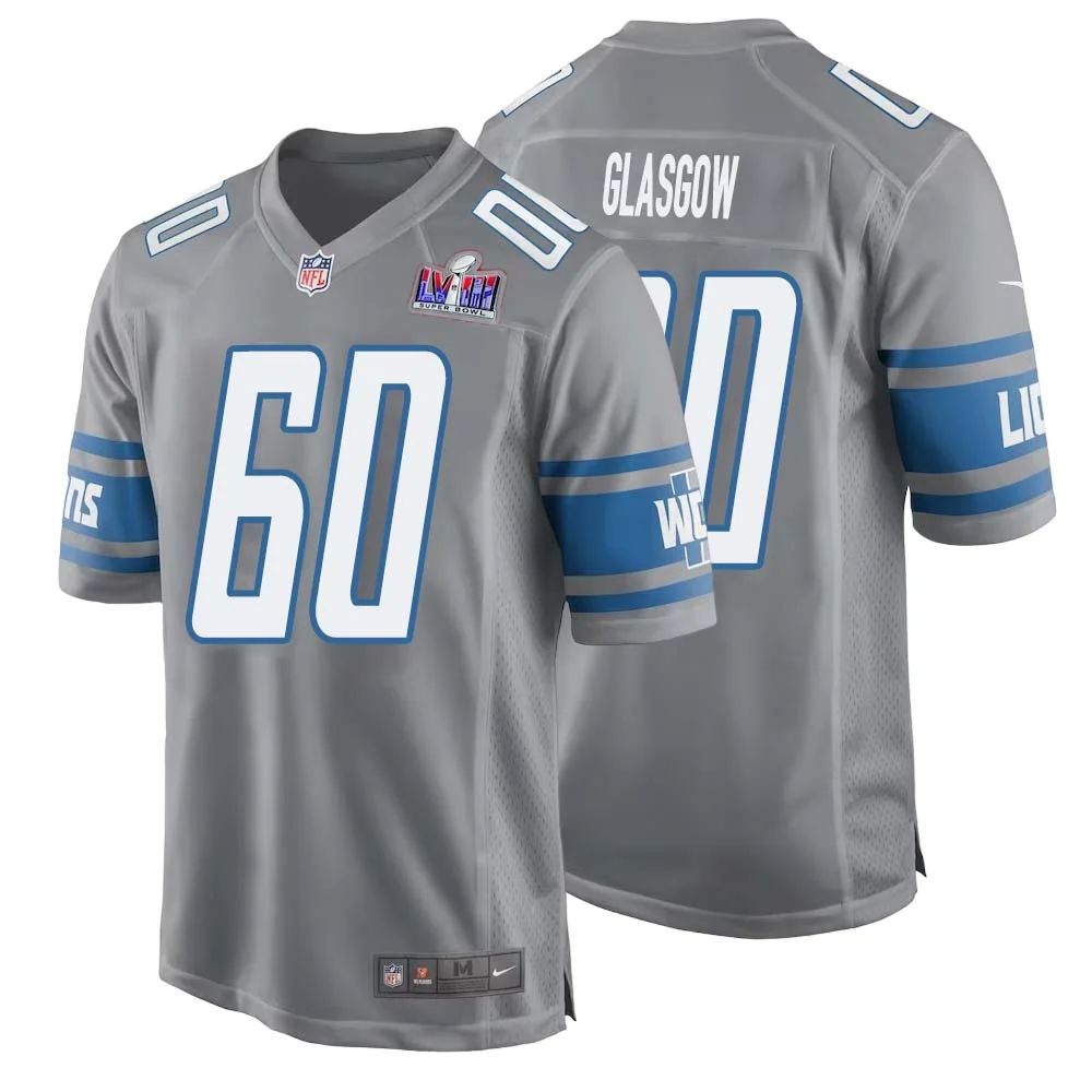 Graham Glasgow No 60 Mens Custom Gray Detroit Lions Alternate Super Bowl LVIII Game Jersey