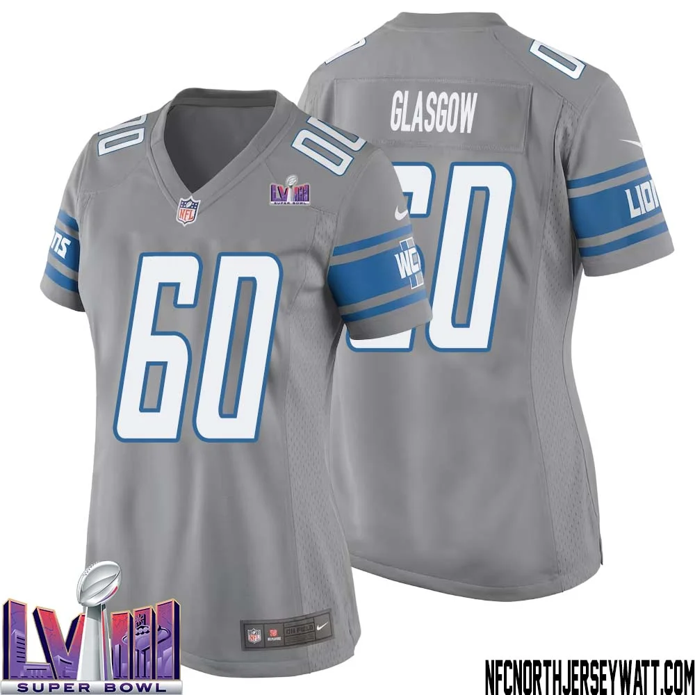 Graham Glasgow No 60 Women Grey Detroit Lions Player Super Bowl LVIII Alternate Game Jersey 1