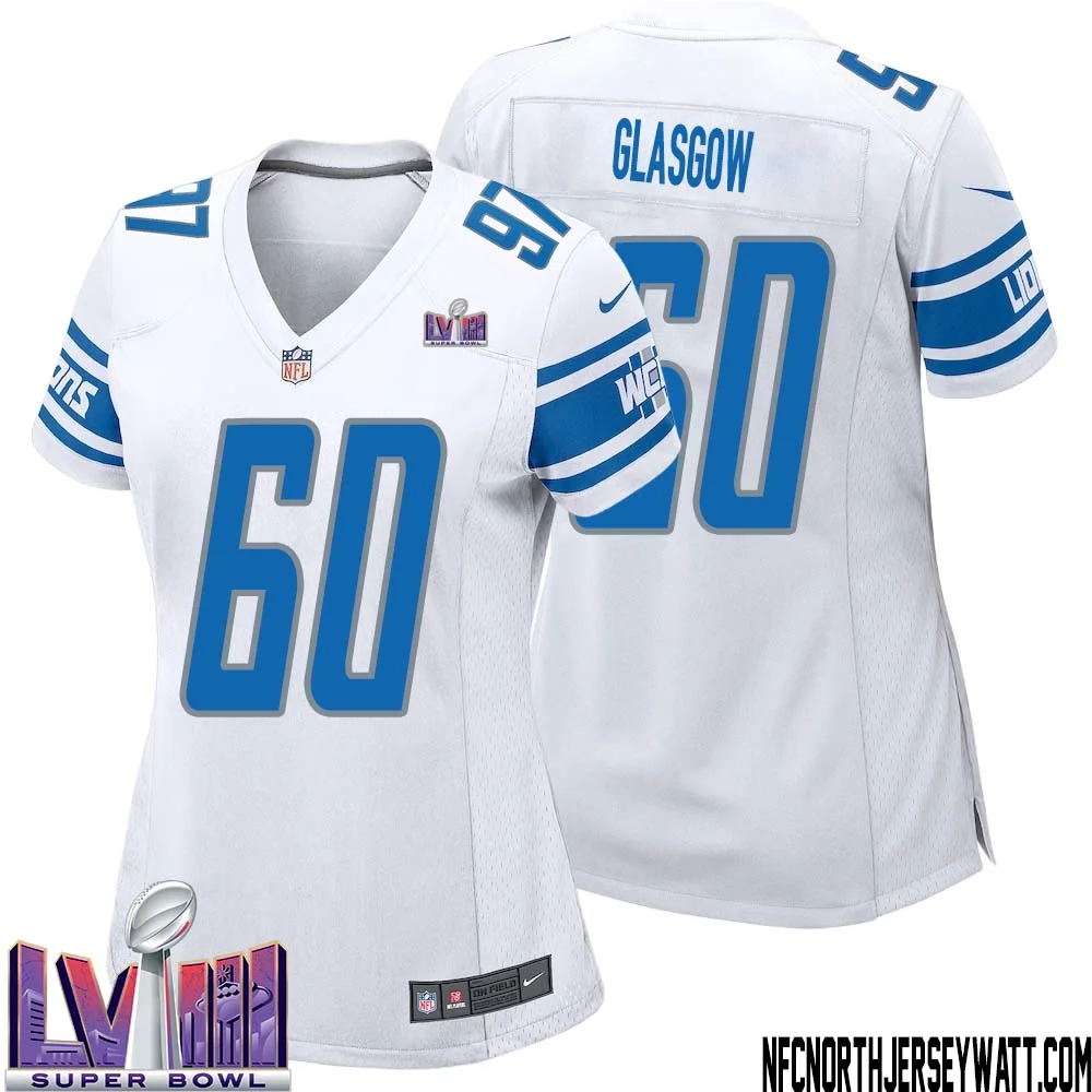 Graham Glasgow No 60 Women White Detroit Lions Player Super Bowl LVIII Away Game Jersey