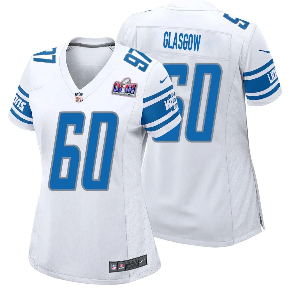 Graham Glasgow No 60 Womens Custom White Detroit Lions Super Bowl LVIII Away Game Jersey