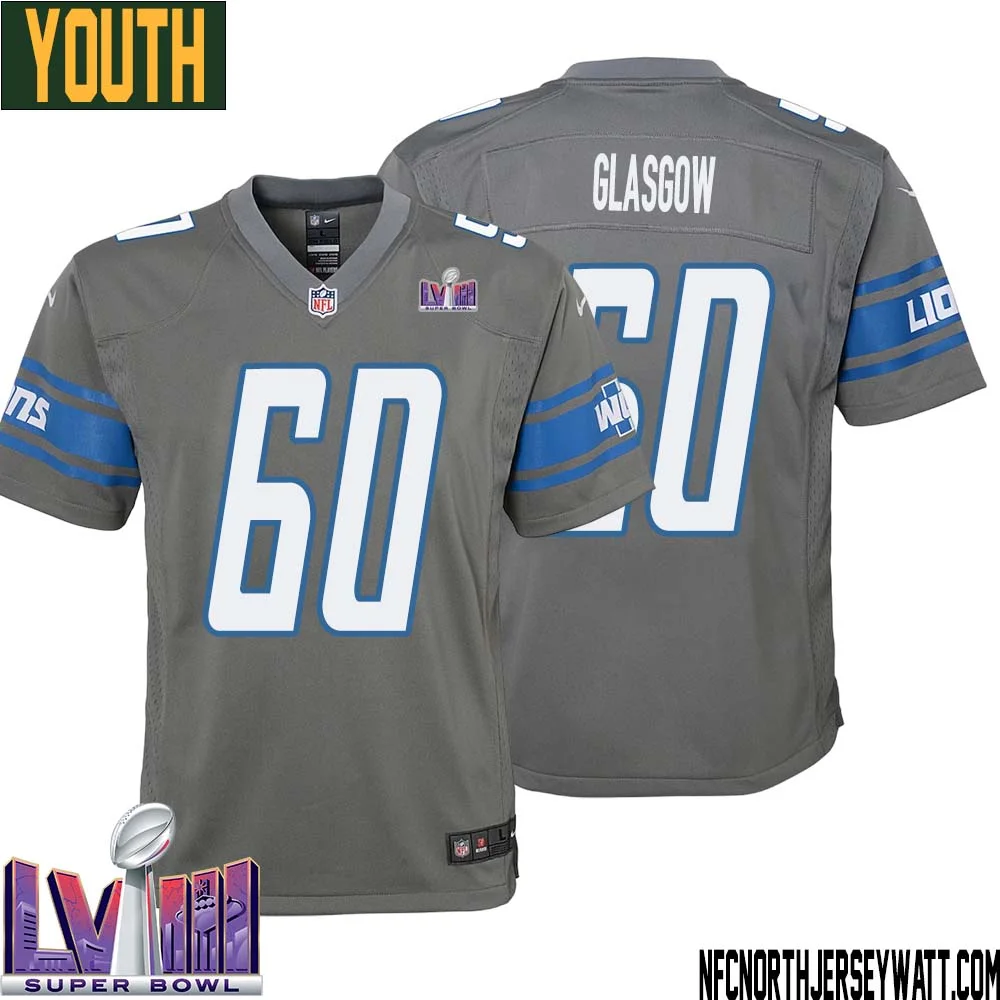 Graham Glasgow No 60 Youth Grey Detroit Lions Player Super Bowl LVIII Alternate Game Jersey