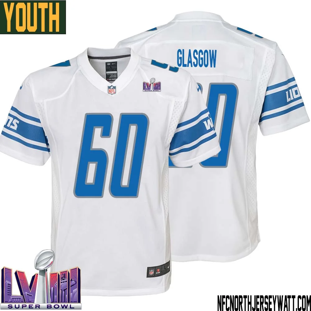 Graham Glasgow No 60 Youth White Detroit Lions Player Super Bowl LVIII Away Game Jersey 1