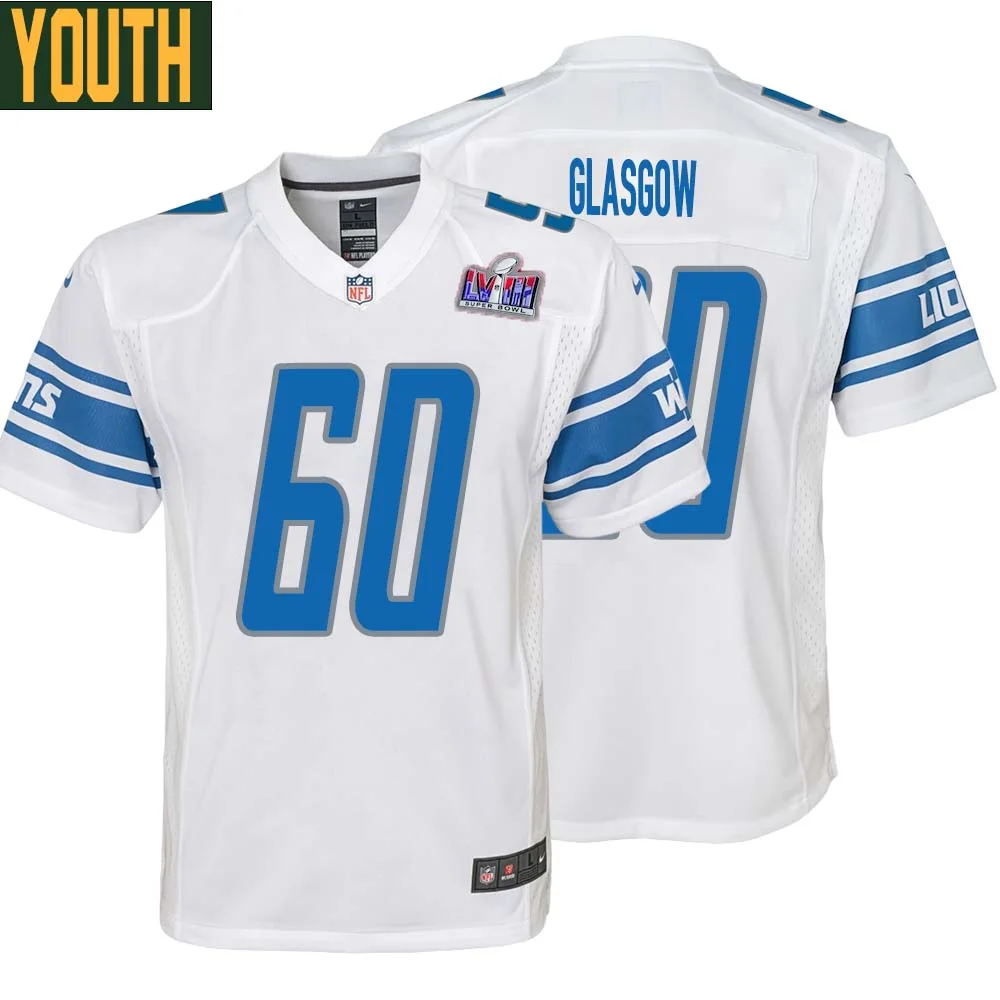 Graham Glasgow No 60 Youths Custom White Detroit Lions Super Bowl LVIII Away Game Jersey