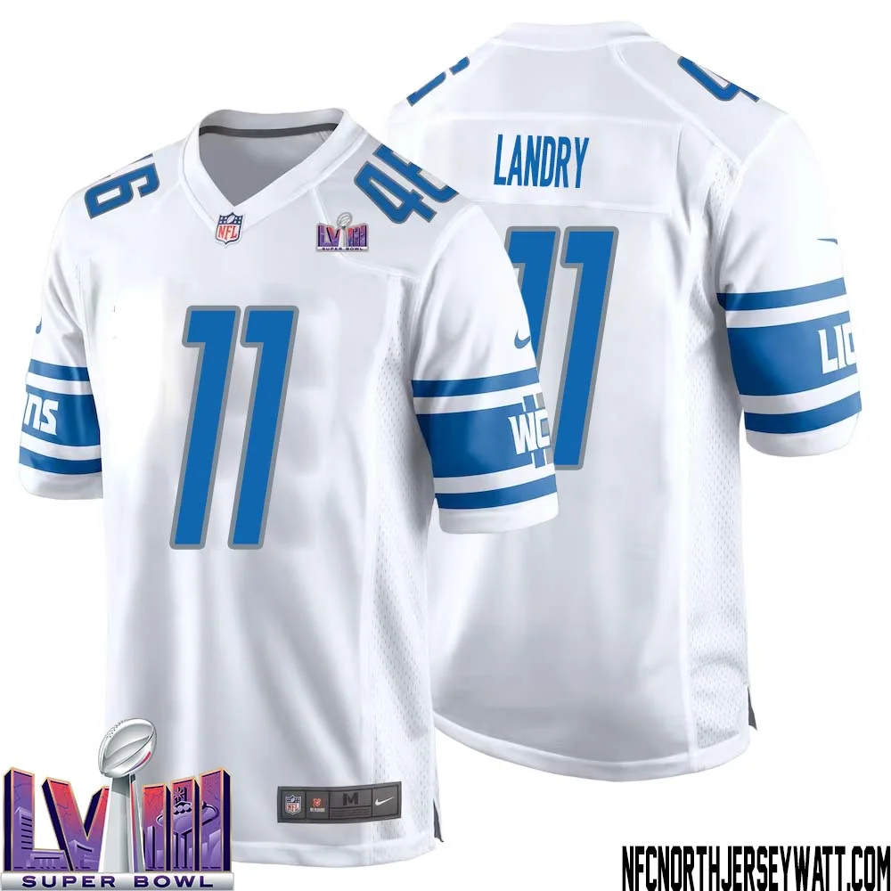 Greg Landry No 11 Men White Detroit Lions Player Super Bowl LVIII Away Game Jersey 1