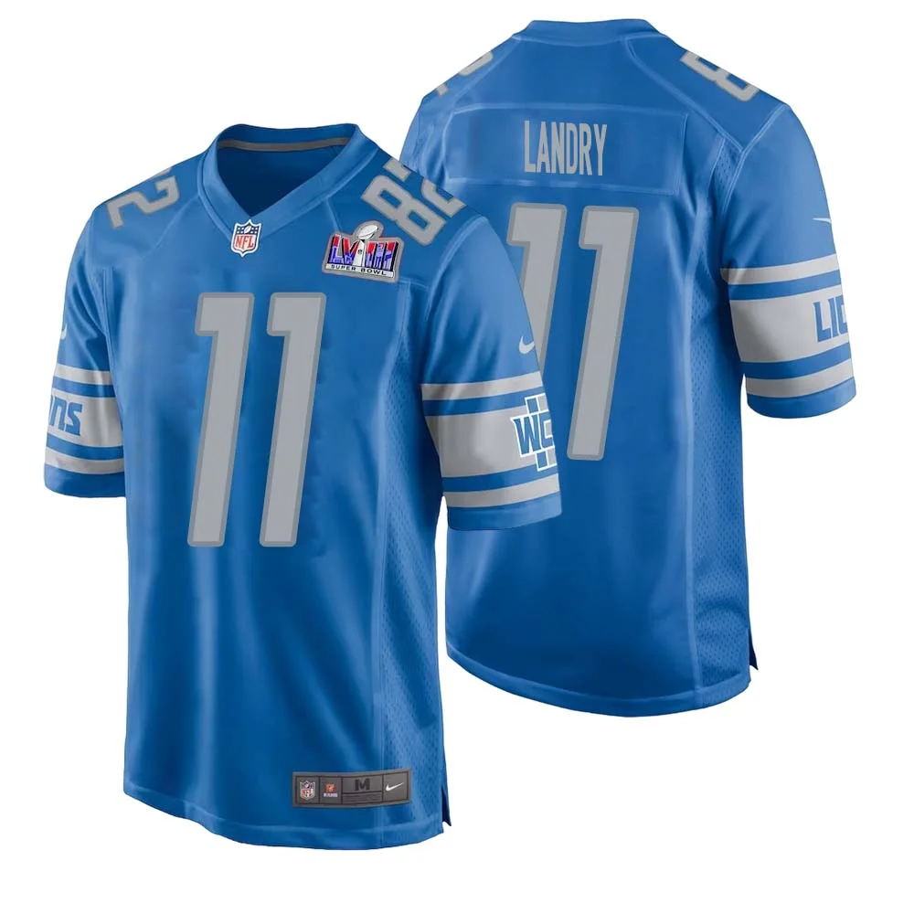 Greg Landry No 11 Mens Custom Blue Detroit Lions Super Bowl LVIII Player Home Game Jersey