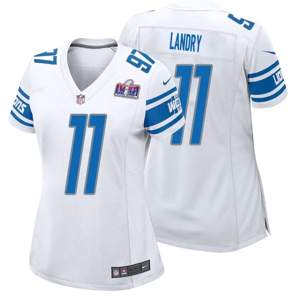 Greg Landry No 11 Womens Custom White Detroit Lions Super Bowl LVIII Away Game Jersey
