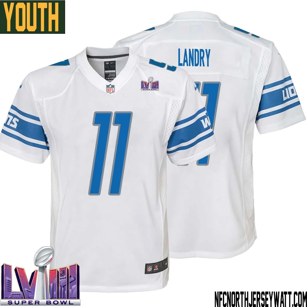 Greg Landry No 11 Youth White Detroit Lions Player Super Bowl LVIII Away Game Jersey