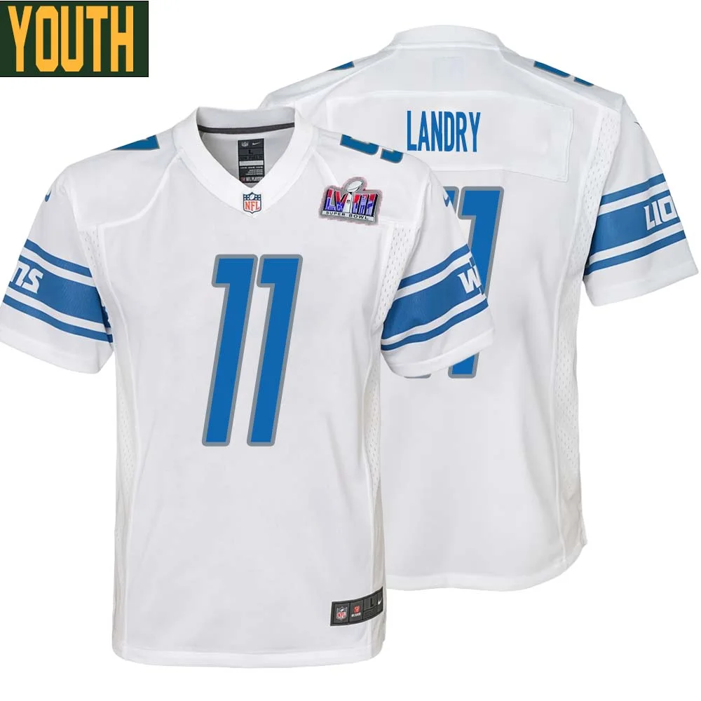 Greg Landry No 11 Youths Custom White Detroit Lions Super Bowl LVIII Away Game Jersey
