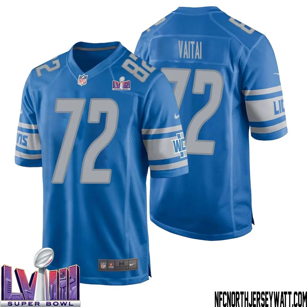 Halapoulivaati Vaitai No 72 Men Blue Detroit Lions Player Super Bowl LVIII Home Game Jersey 1