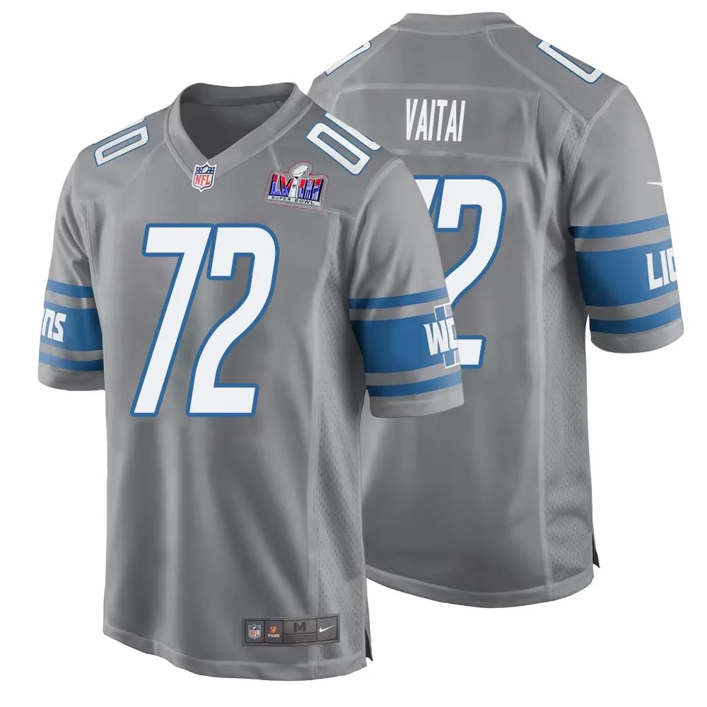Halapoulivaati Vaitai No 72 Mens Custom Gray Detroit Lions Alternate Super Bowl LVIII Game Jersey