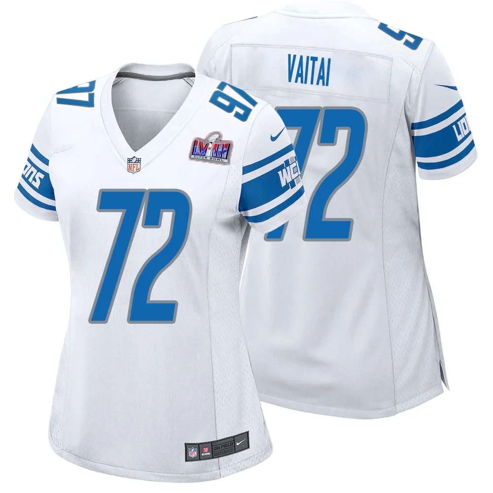 Halapoulivaati Vaitai No 72 Womens Custom White Detroit Lions Super Bowl LVIII Away Game Jersey