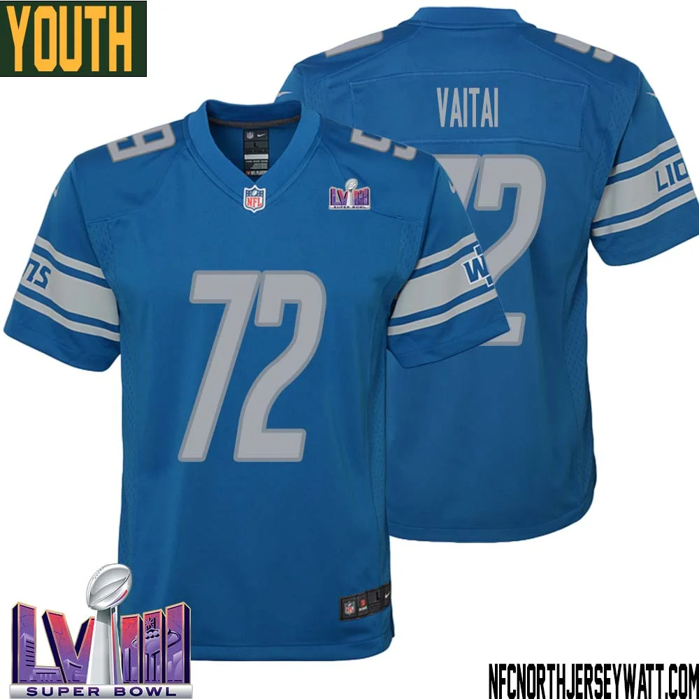 Halapoulivaati Vaitai No 72 Youth Blue Detroit Lions Player Super Bowl LVIII Home Game Jersey
