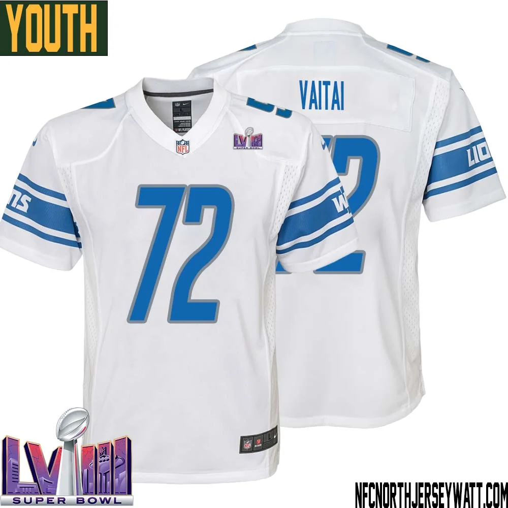 Halapoulivaati Vaitai No 72 Youth White Detroit Lions Player Super Bowl LVIII Away Game Jersey 1