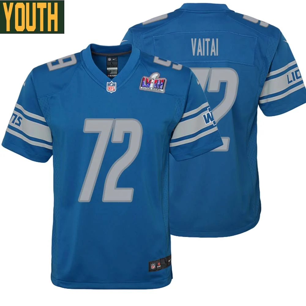 Halapoulivaati Vaitai No 72 Youths Custom Blue Detroit Lions Super Bowl LVIII Player Home Game Jersey