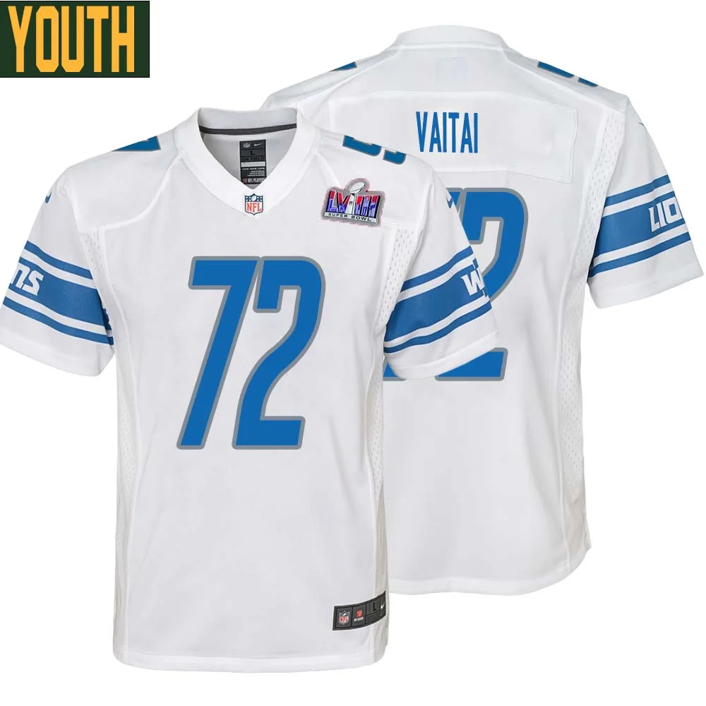 Halapoulivaati Vaitai No 72 Youths Custom White Detroit Lions Super Bowl LVIII Away Game Jersey