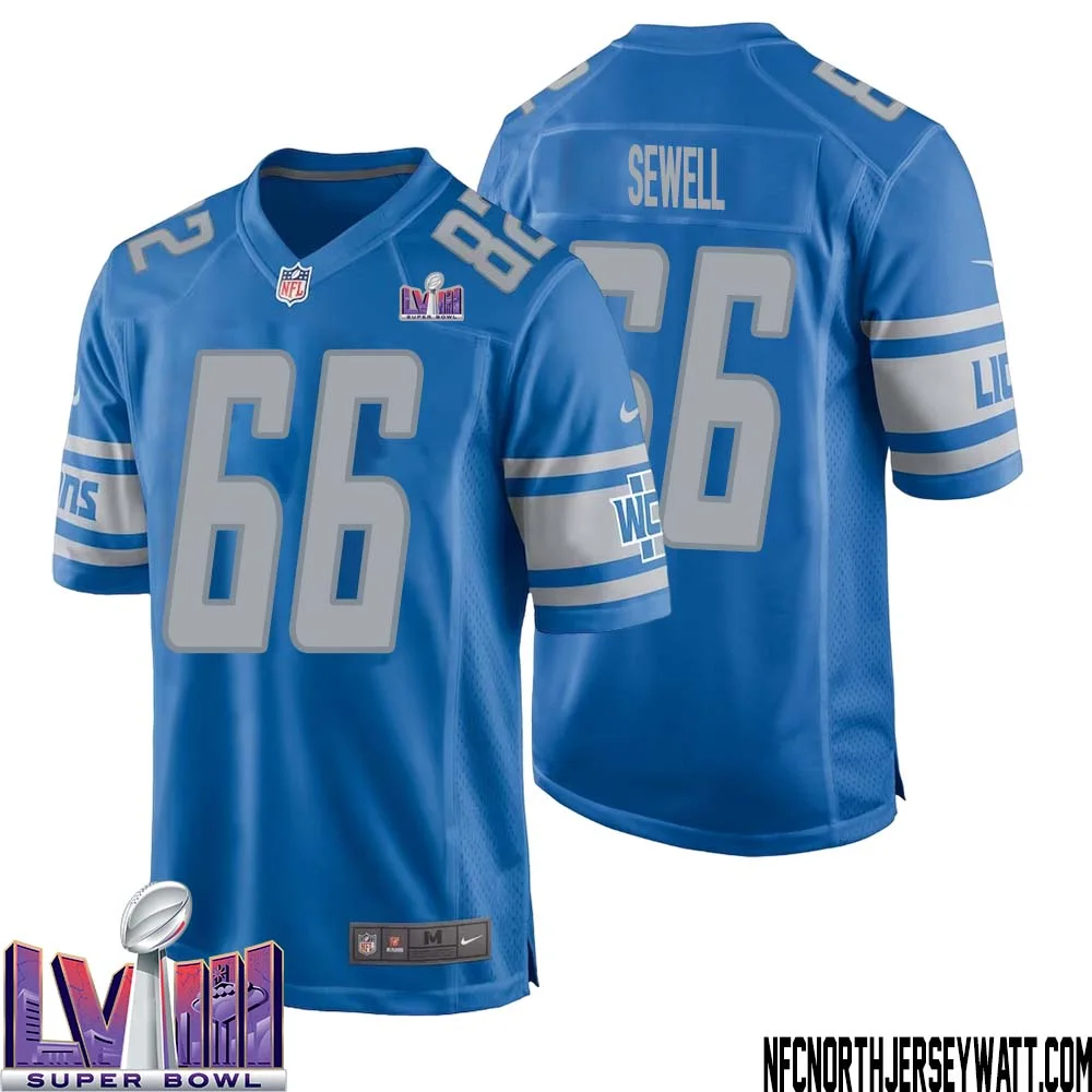Harley Sewell No 66 Men Blue Detroit Lions Player Super Bowl LVIII Home Game Jersey 1