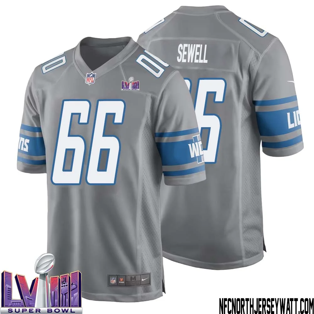 Harley Sewell No 66 Men Grey Detroit Lions Player Super Bowl LVIII Alternate Game Jersey 1