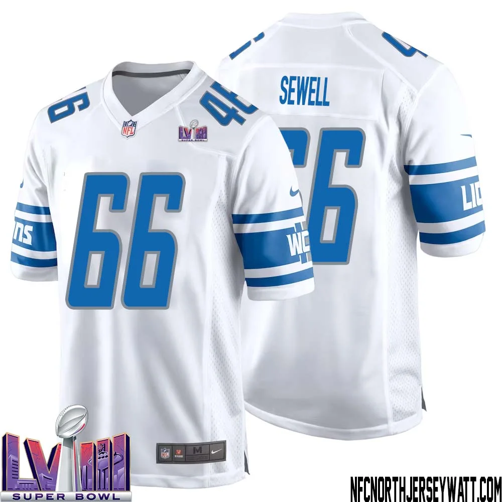 Harley Sewell No 66 Men White Detroit Lions Player Super Bowl LVIII Away Game Jersey 1