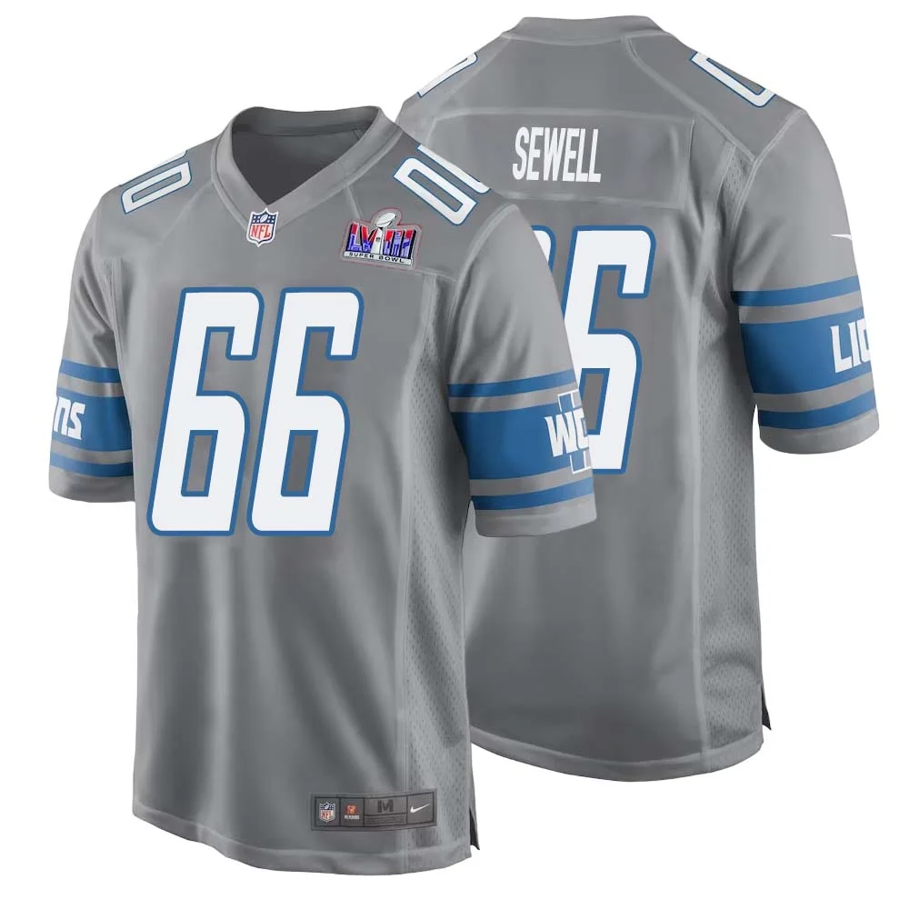Harley Sewell No 66 Mens Custom Gray Detroit Lions Alternate Super Bowl LVIII Game Jersey