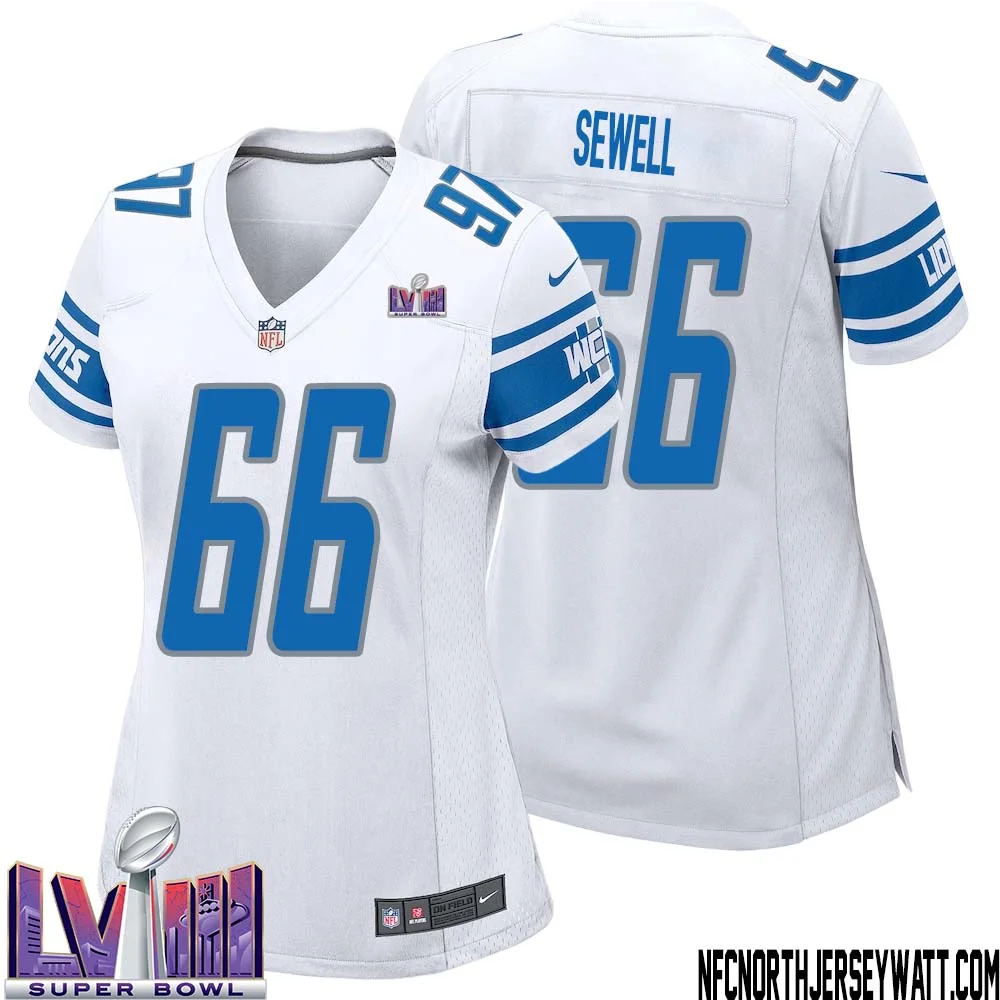 Harley Sewell No 66 Women White Detroit Lions Player Super Bowl LVIII Away Game Jersey