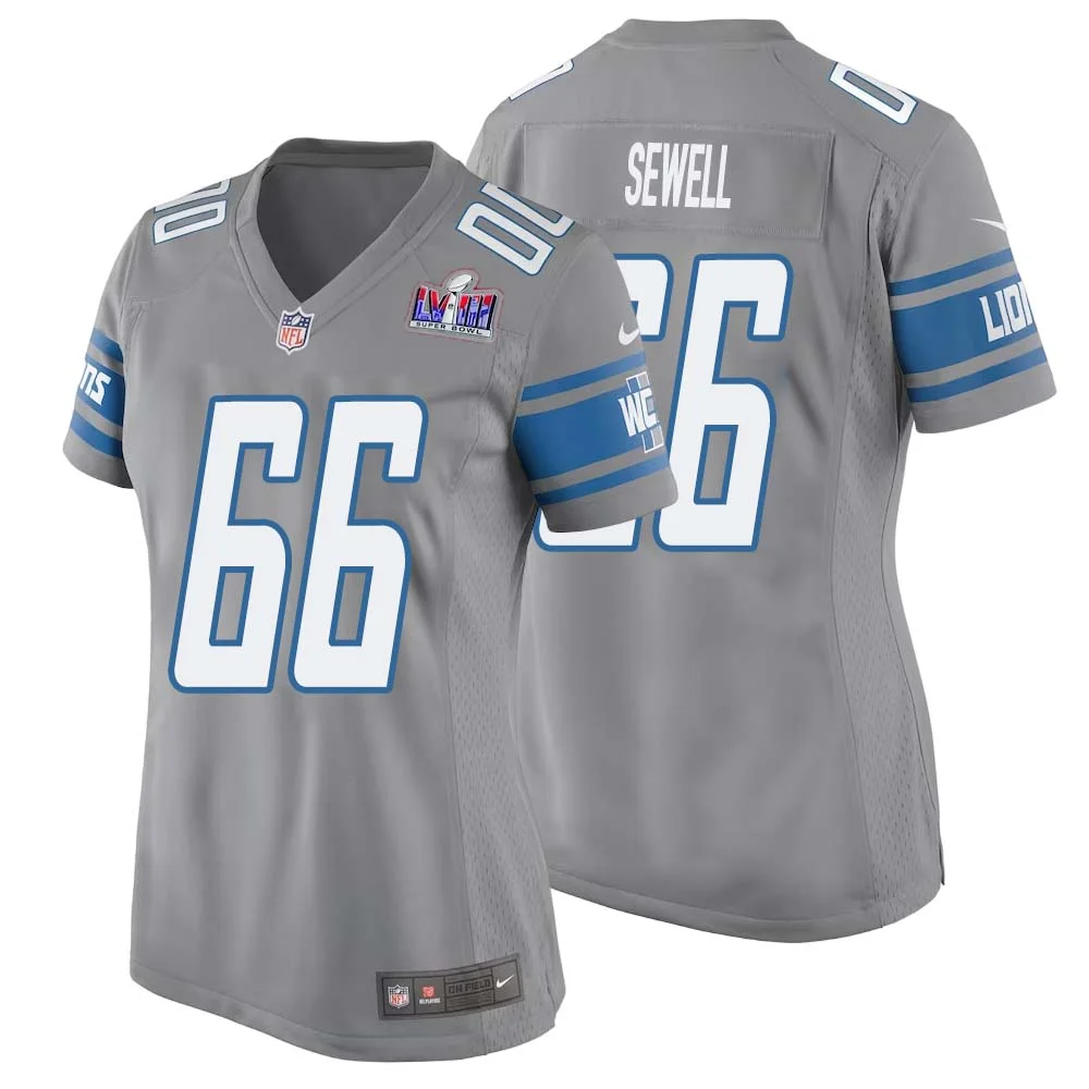 Harley Sewell No 66 Womens Custom Gray Detroit Lions Alternate Super Bowl LVIII Game Jersey