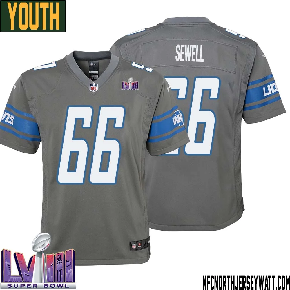 Harley Sewell No 66 Youth Grey Detroit Lions Player Super Bowl LVIII Alternate Game Jersey