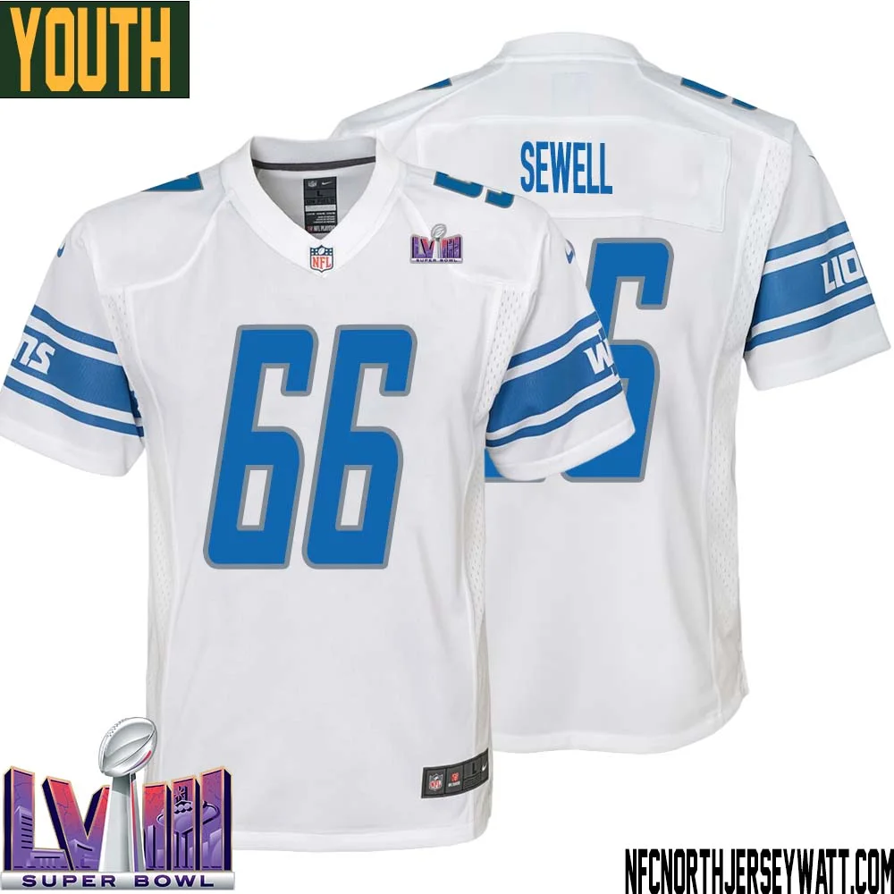 Harley Sewell No 66 Youth White Detroit Lions Player Super Bowl LVIII Away Game Jersey