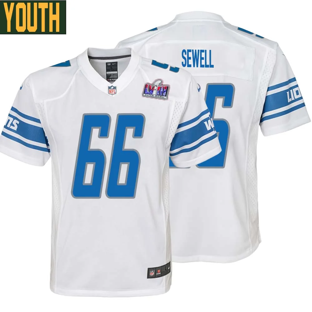 Harley Sewell No 66 Youths Custom White Detroit Lions Super Bowl LVIII Away Game Jersey