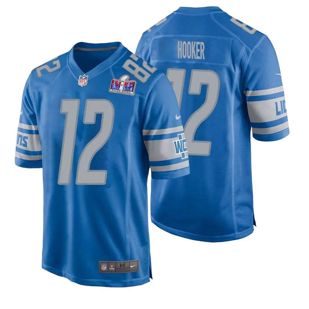 Hendon Hooker No 12 Mens Custom Blue Detroit Lions Super Bowl LVIII Player Home Game Jersey