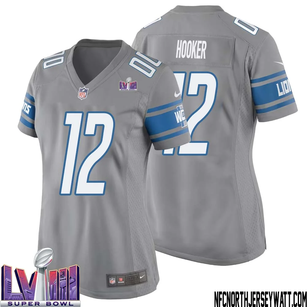 Hendon Hooker No 12 Women Grey Detroit Lions Player Super Bowl LVIII Alternate Game Jersey