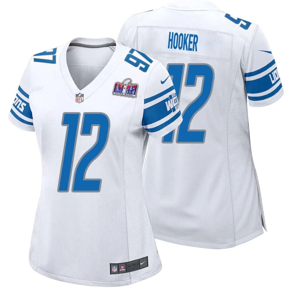 Hendon Hooker No 12 Womens Custom White Detroit Lions Super Bowl LVIII Away Game Jersey