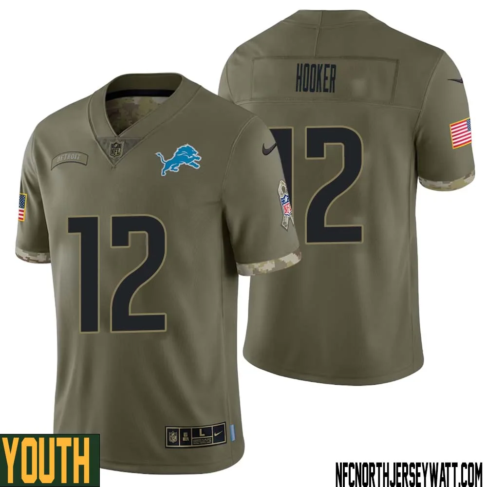 Hendon Hooker No 12 Youth Olive Detroit Lions 2022 Salute To Service Retired Player Limited Jersey