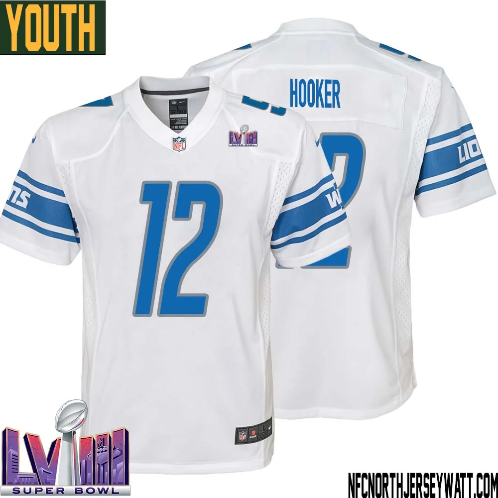 Hendon Hooker No 12 Youth White Detroit Lions Player Super Bowl LVIII Away Game Jersey 1