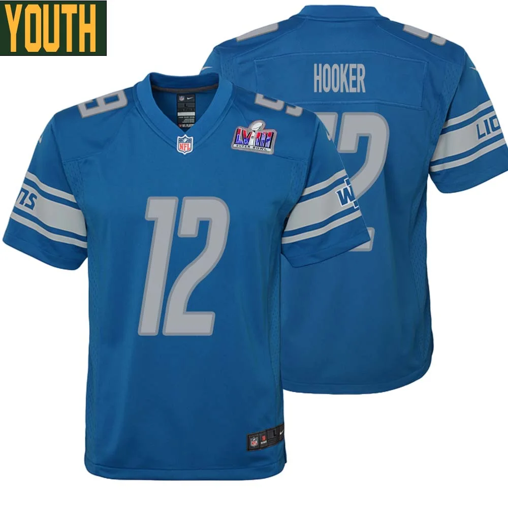 Hendon Hooker No 12 Youths Custom Blue Detroit Lions Super Bowl LVIII Player Home Game Jersey