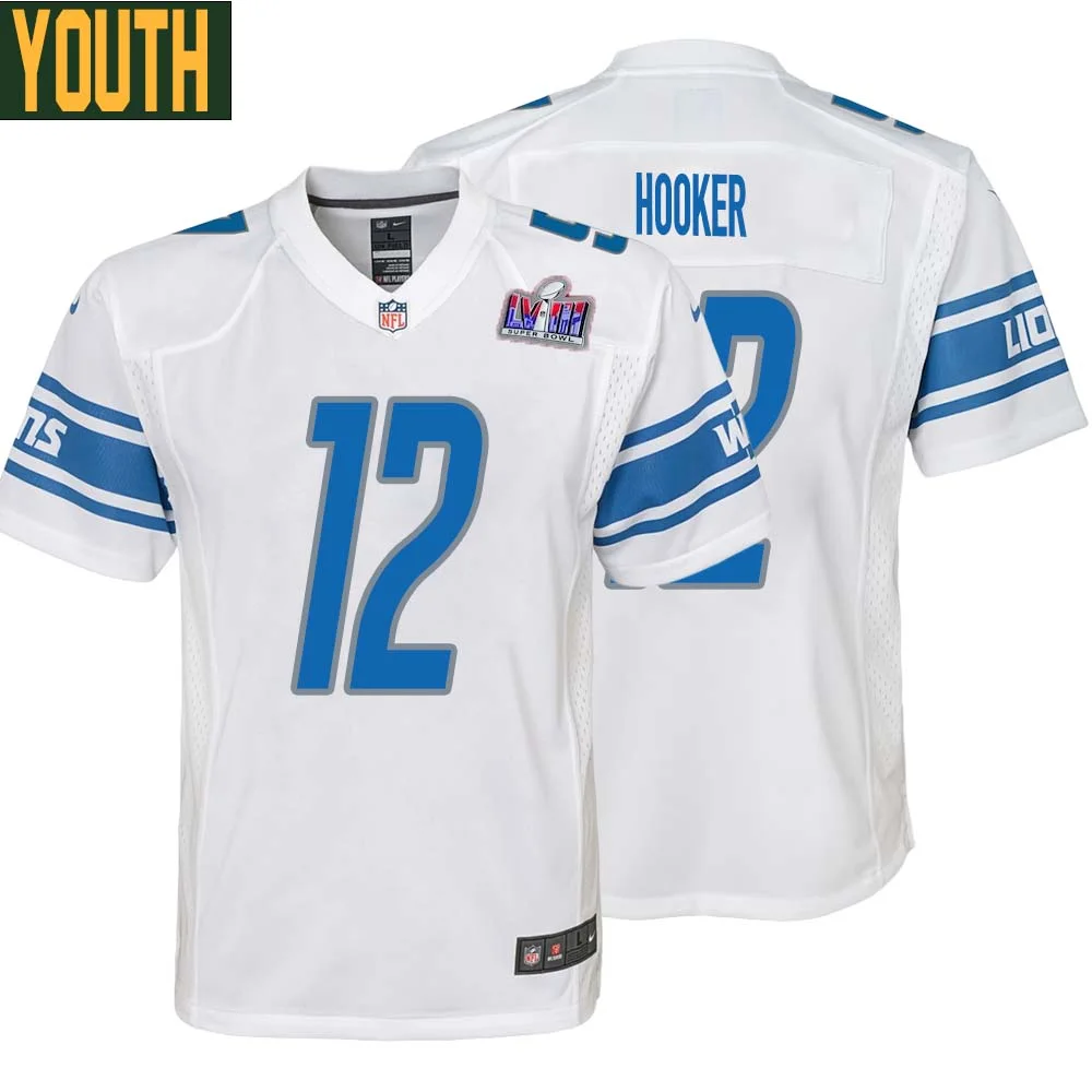 Hendon Hooker No 12 Youths Custom White Detroit Lions Super Bowl LVIII Away Game Jersey